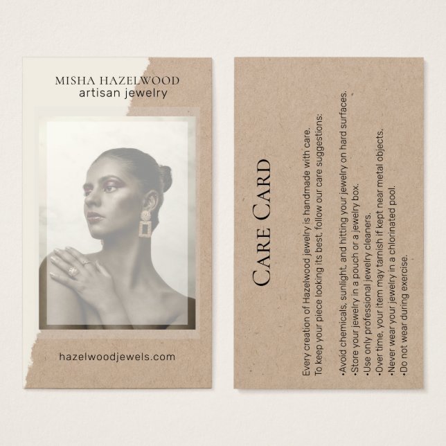 Modern Kraft Photo Jewelry Care Card (Front & Back)