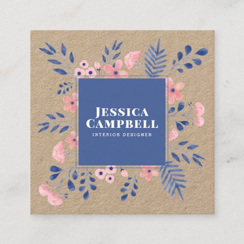 Modern kraft pink blue geometric watercolor floral square business card