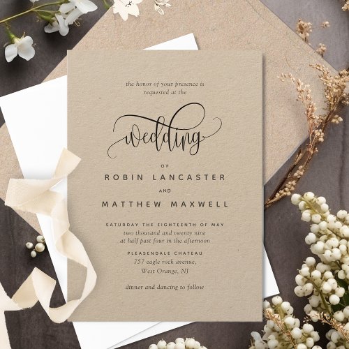 Modern Kraft Rustic Elegant Calligraphy Wedding Invitation