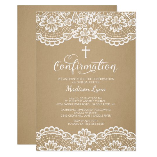 Modern Kraft Vintage Lace Confirmation Invitation | Zazzle.com