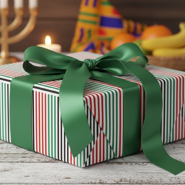 Modern Kwanzaa Stripes Wrapping Paper (African Kwanzaa Party Wrapping Paper. Black, Red & Green Africa Colors Pinstripe. Thin Stripe Lines)