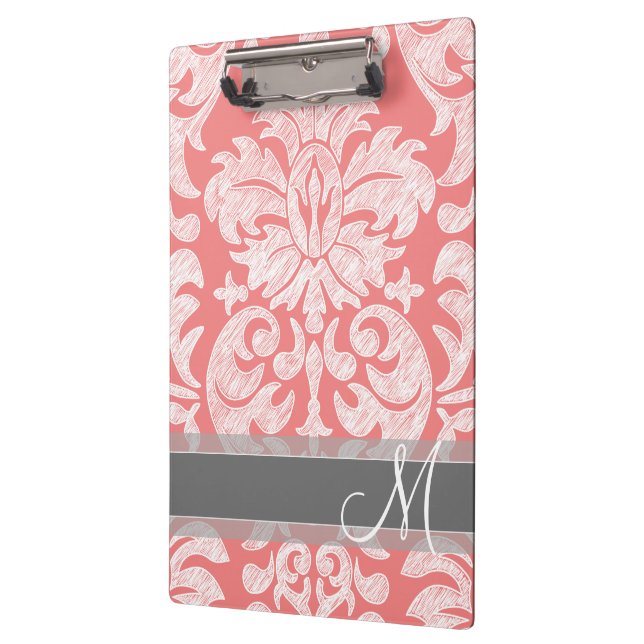 Modern Lace Damask Pattern - Coral and Gray Clipboard (Left)