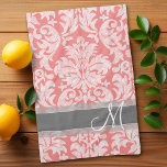 Modern Lace Damask Pattern - Coral and Gray Kitchen Towel<br><div class="desc">Trendy and feminine floral damasks with popular colors. The damask has a whimsical chalkboard look.</div>