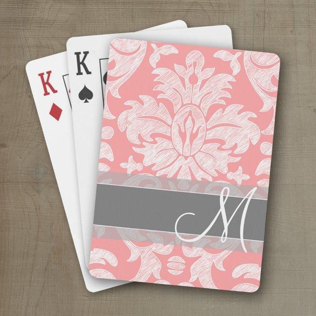 Modern Lace Damask Pattern - Coral and Gray Poker Cards (Personalized playing cards with monogram or custom text)
