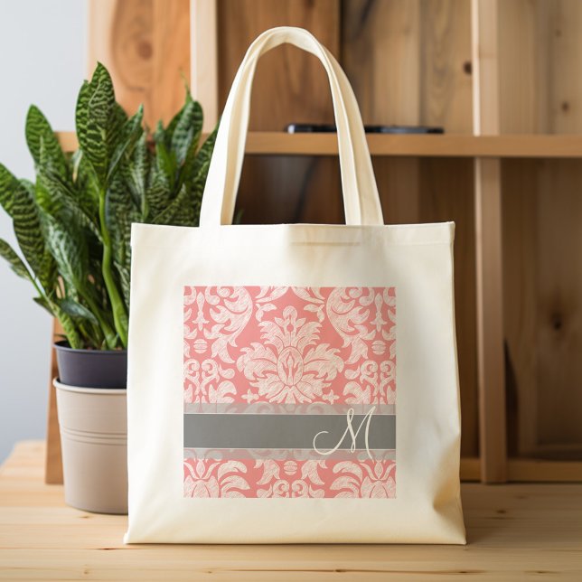 Modern Lace Damask Pattern - Coral and Gray Tote Bag (Personalized tote bag - lace and name)