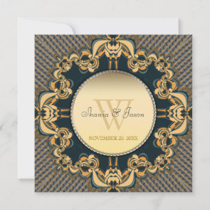 Modern Lace Monogram Teal Gold Wedding Invitation
