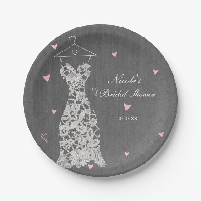 Modern Lace Wedding Dress Grey Chic Bridal Shower Paper Plates (Front)