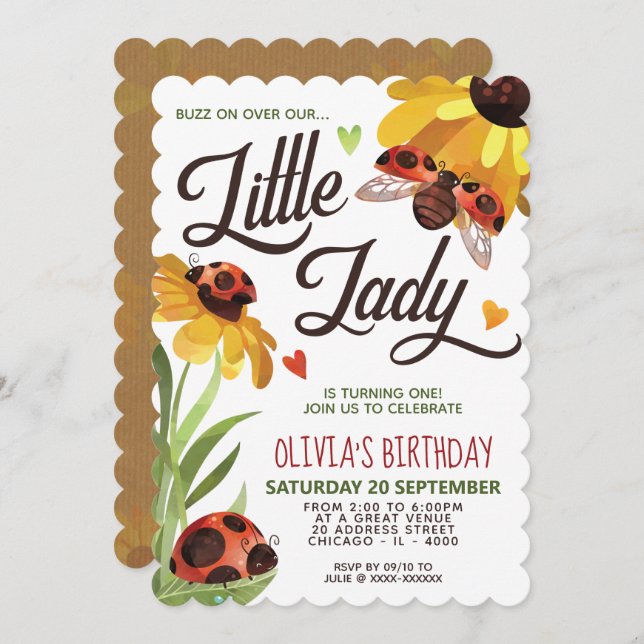 Modern Lady Bug Birthday Invitation (Front/Back)