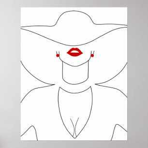 Modern Lady In Hat With Red Lipstick Line Art Poster