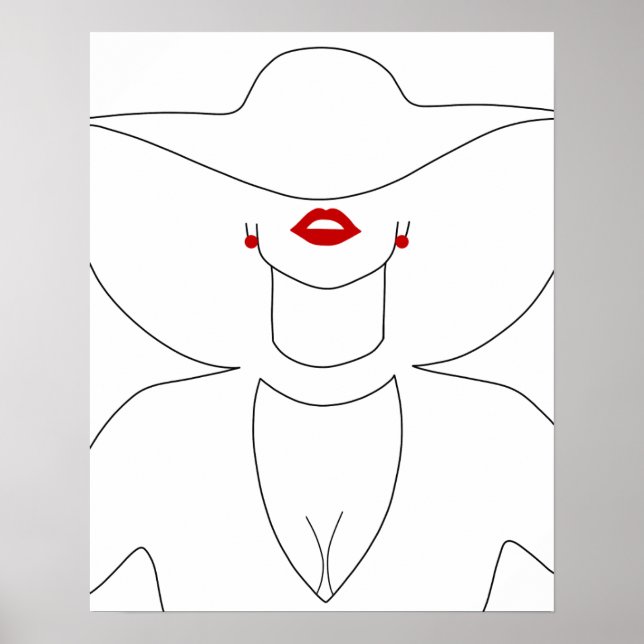 Modern Lady In Hat With Red Lipstick Line Art Poster (Front)