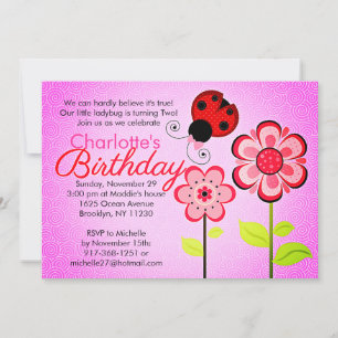 Modern Ladybug and Flowers Birthday Party Invitation