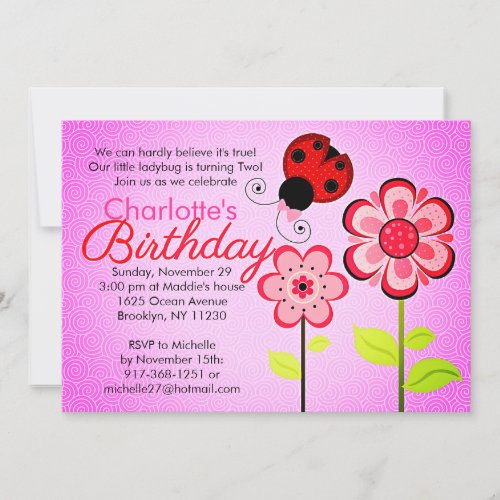Modern Ladybug and Flowers Birthday Party Custom Invitations