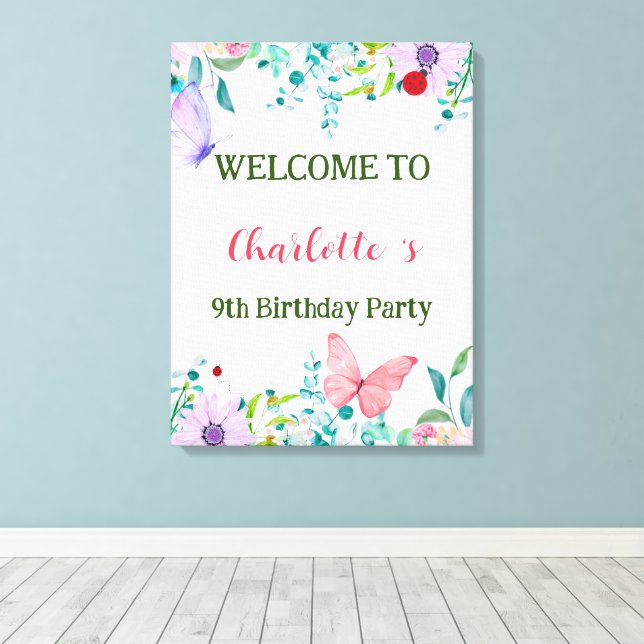 Modern Ladybug Butterfly colorful flower Birthday Canvas Print (Insitu(Wood Floor))