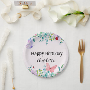 Modern Ladybug Butterfly colorful flower Birthday Paper Plates