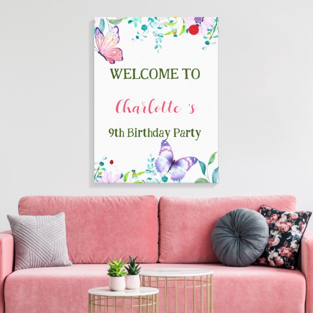 Modern Ladybug Butterfly Gradient flower Birthday Canvas Print (Insitu(LivingRoom))