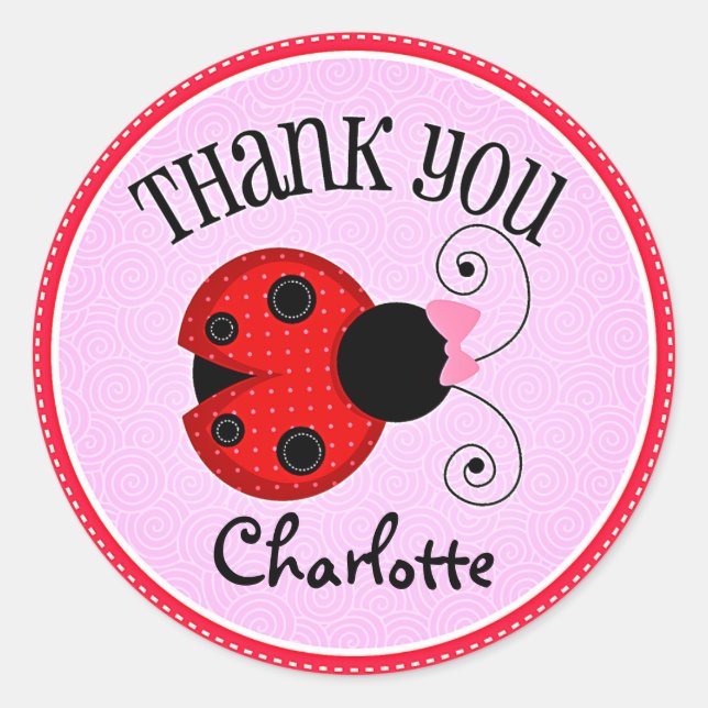 Modern Ladybug Personalized Thank You Classic Round Sticker (Front)