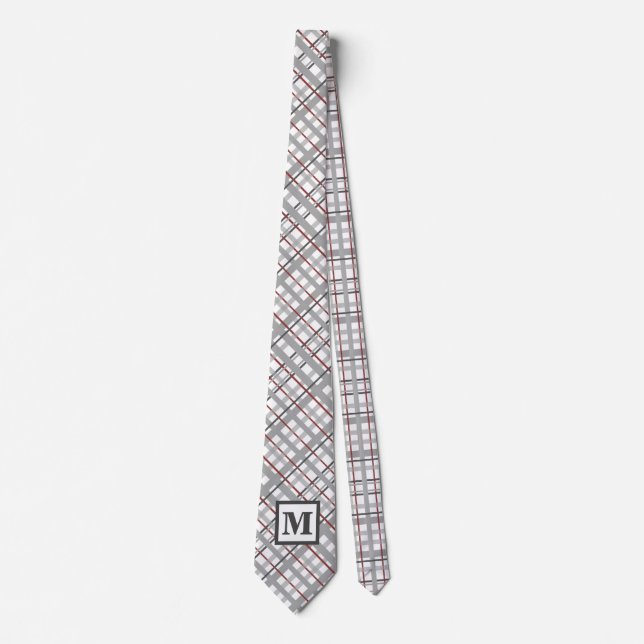 Modern {laid Silver Gray Red Monogram Gift For Him Neck Tie (Front)