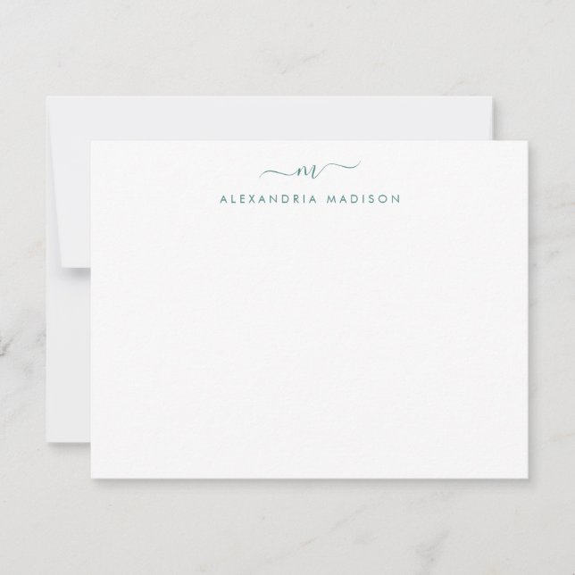 Modern Lake Green Script Monogram Swash Stationery Note Card (Front)