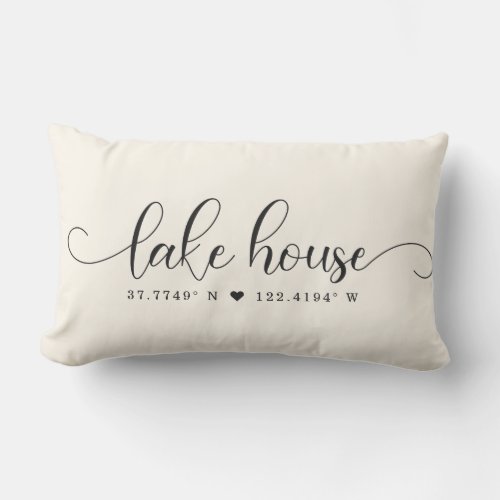 Modern Lake House Chic Script Custom Coordinates Lumbar Pillow