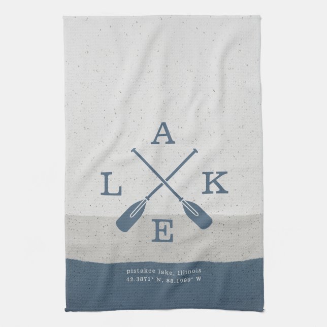 Modern Lake House Custom Coordinates Kitchen Towel (Vertical)