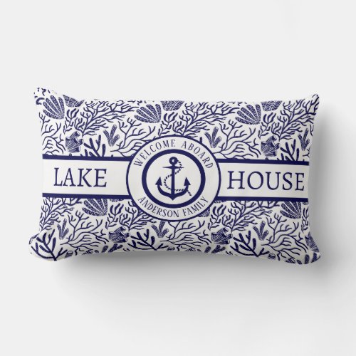 Modern Lake House Custom Family Name blue anchor Lumbar Pillow