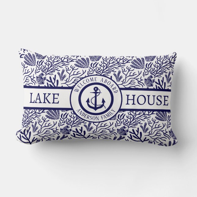 Modern Lake House Custom Family Name blue anchor Lumbar Pillow (Front)