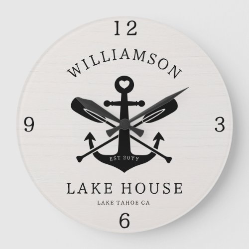 Modern Lake House Family Name Anchor Oars Paddles  Large Clock