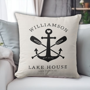 Modern Lake House Family Name Anchor Oars Paddles  Throw Pillow