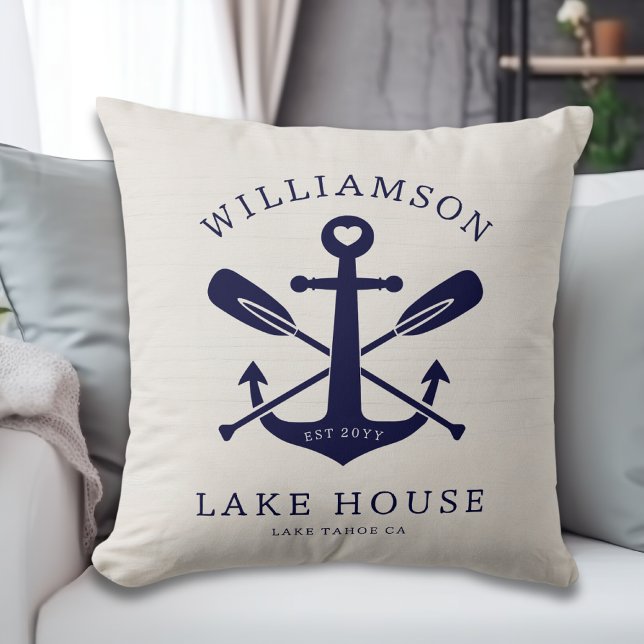 Modern Lake House Family Name Anchor Oars Paddles  Throw Pillow (Creator Uploaded)