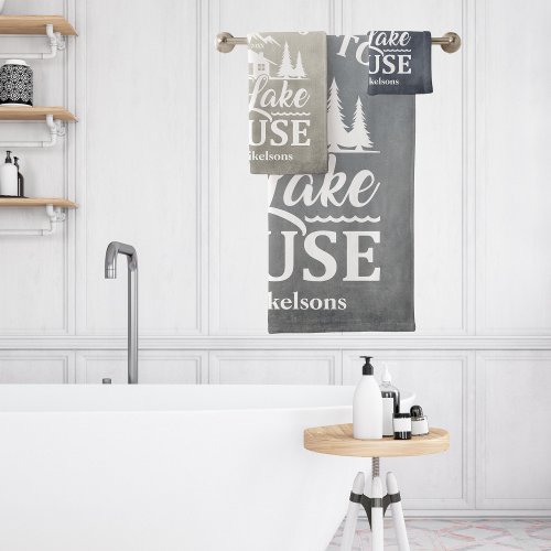 Modern Lake House Family Name Bath Towel Set