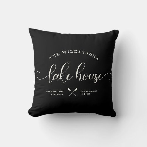 Modern Lake House Family Name Brush Script Black Throw Pillow