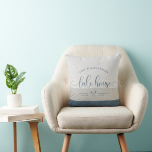 Modern Lake House Family Name Brush Script Blue Throw Pillow
