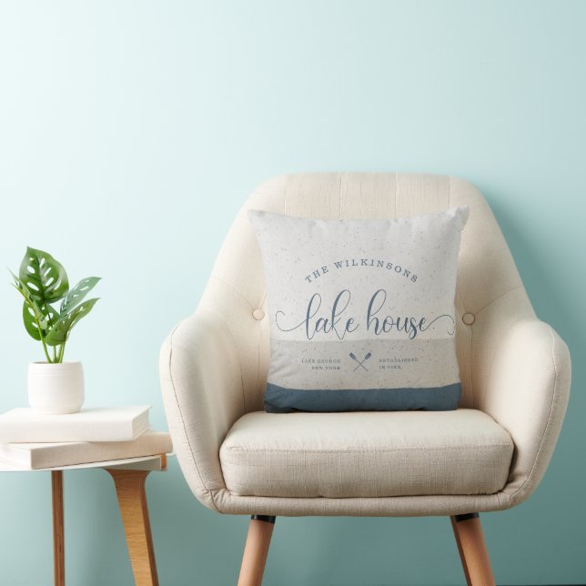 Modern Lake House Family Name Brush Script Blue Throw Pillow (Chair)