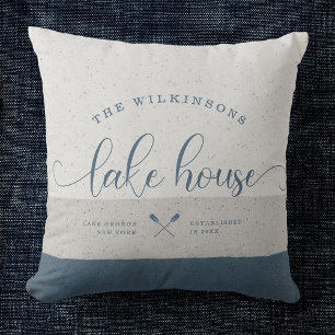 Modern Lake House Family Name Brush Script Blue Throw Pillow