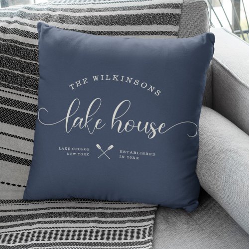 Modern Lake House Family Name Brush Script Blue Throw Pillow