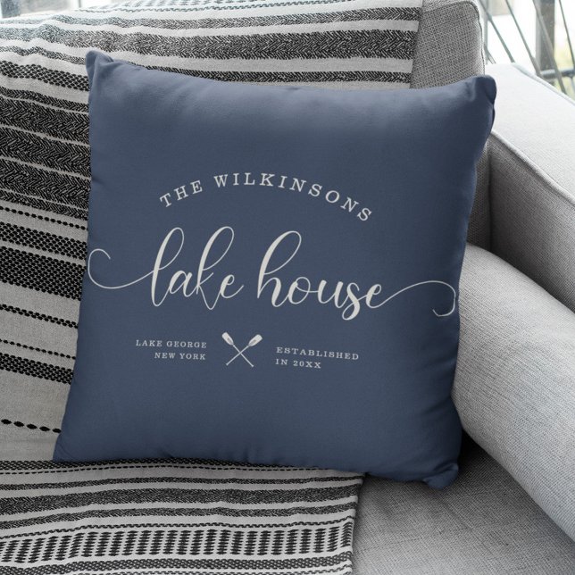 Modern Lake House Family Name Brush Script Blue Throw Pillow (Creator Uploaded)