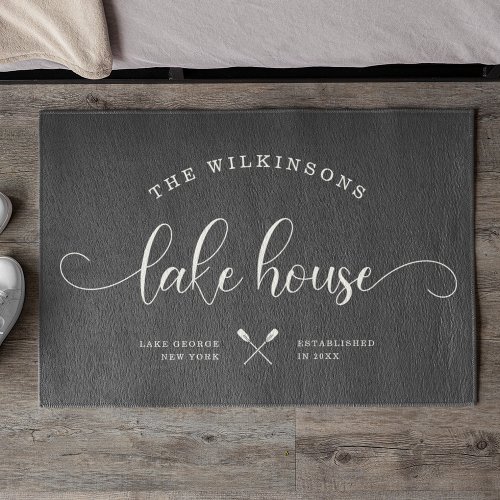 Modern Lake House Family Name Brush Script Gray Doormat