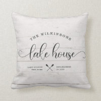 Modern Lake House Family Name Brush Script Wood Throw Pillow