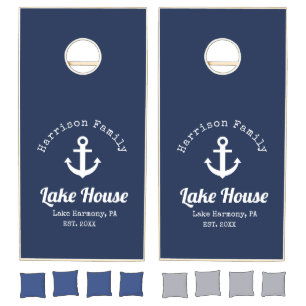 Modern Lake House Family Name  Cornhole Set