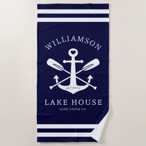 Modern Lake House Family Name Nautical Navy Blue Beach Towel