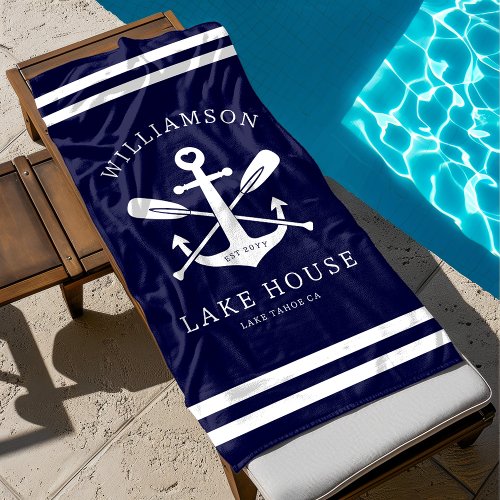 Modern Lake House Family Name Nautical Navy Blue Beach Towel