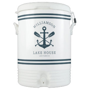 Modern Lake House Family Name Nautical Navy Blue Beverage Cooler