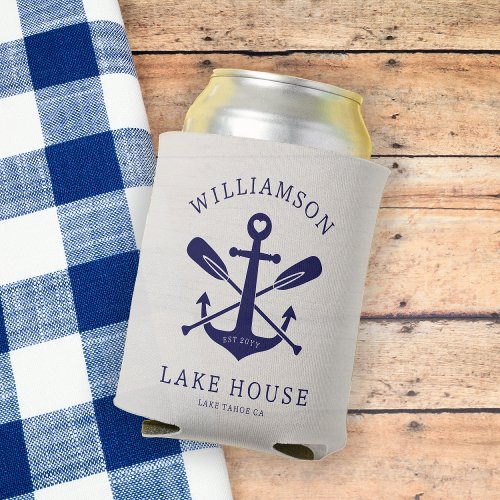 Modern Lake House Family Name Nautical  Navy Blue Can Cooler