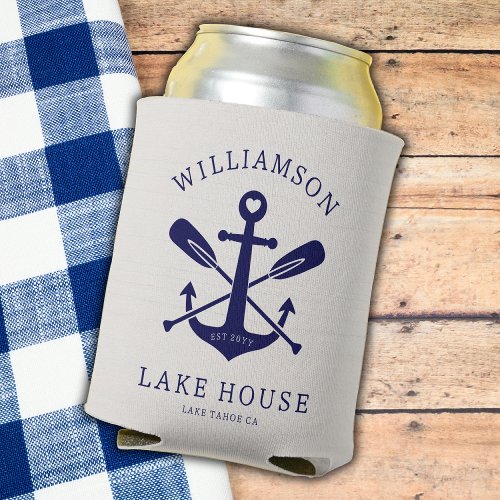 Modern Lake House Family Name Nautical  Navy Blue Can Cooler