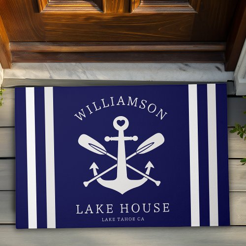 Modern Lake House Family Name Nautical  Navy Blue Doormat