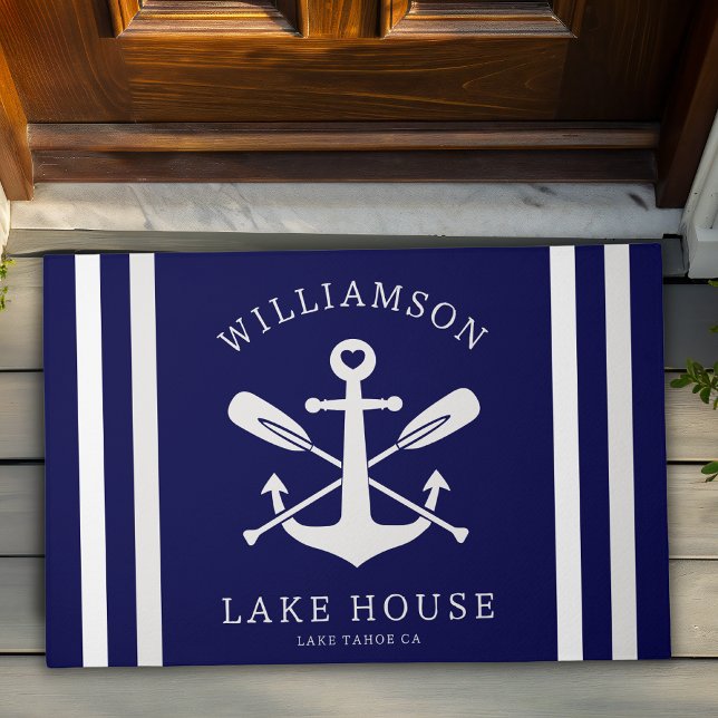 Modern Lake House Family Name Nautical | Navy Blue Doormat (Creator Uploaded)