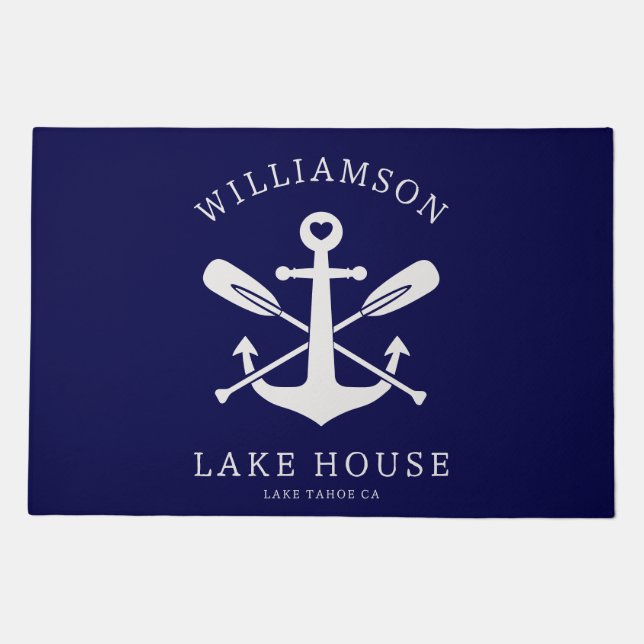 Modern Lake House Family Name Nautical | Navy Blue Doormat (Front)