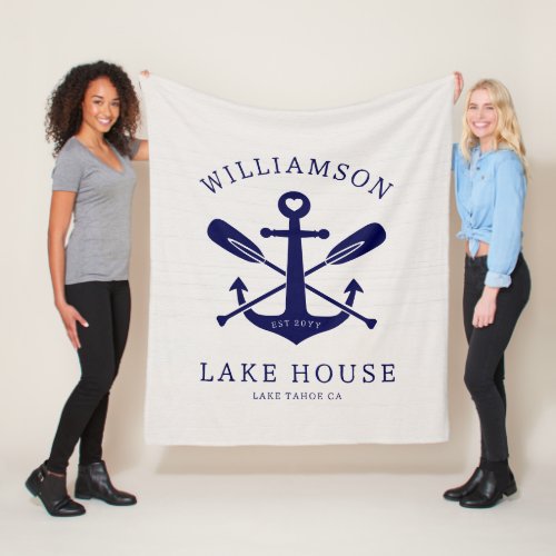 Modern Lake House Family Name Nautical  Navy Blue Fleece Blanket