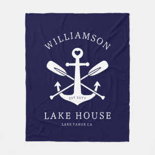 Modern Lake House Family Name Nautical Navy Blue Fleece Blanket