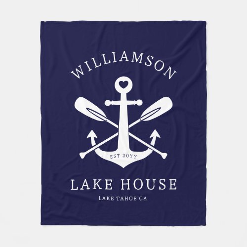 Modern Lake House Family Name Nautical Navy Blue Fleece Blanket